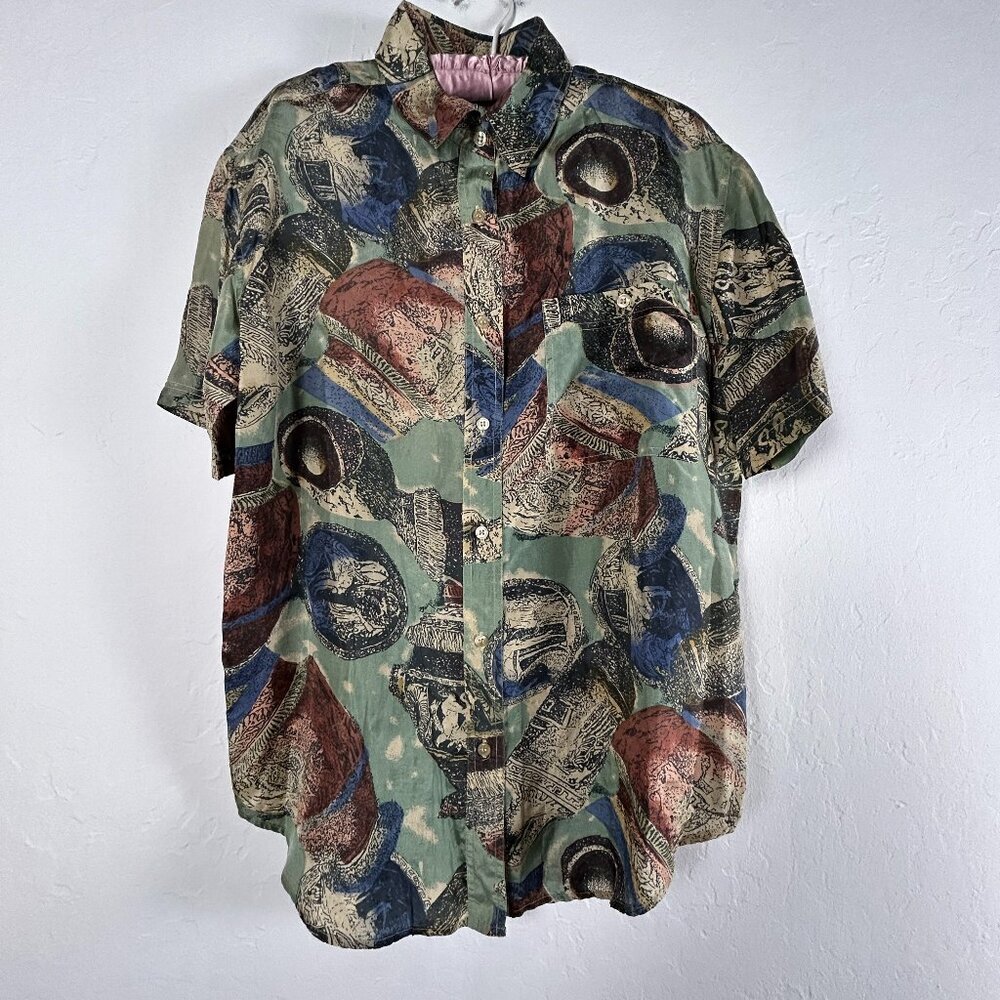 Vintage Metro Express Mens Vase Coin Victorian Silk Button Down Shirt Medium